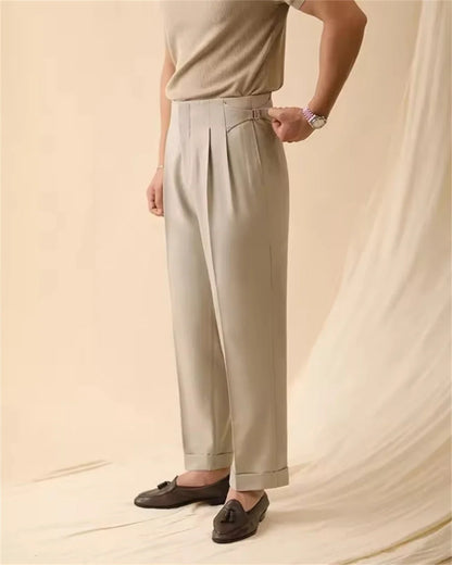 New Men's Summer Straight Pants Paris Button Non Ironing Loose Fitting Business Naples Casual Pants High Waisted Office Trousers