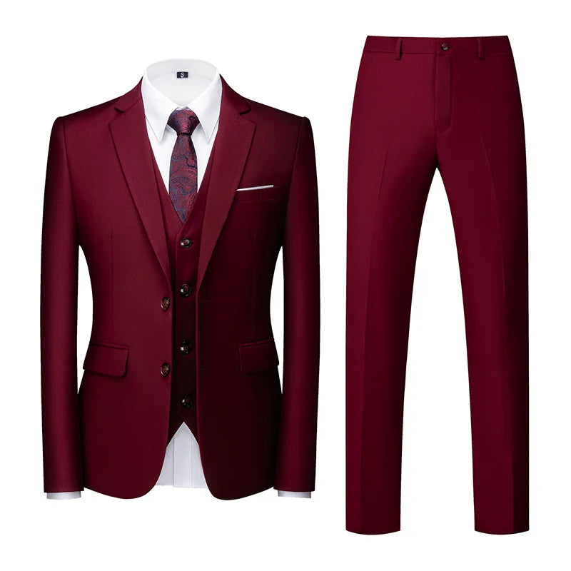 2026 New Men's Suit 3-Piece, Wedding Party Dress Jacket Vest Trousers, Fashion Slim Fit Blazer Waistcoat Pants Red Blue Green