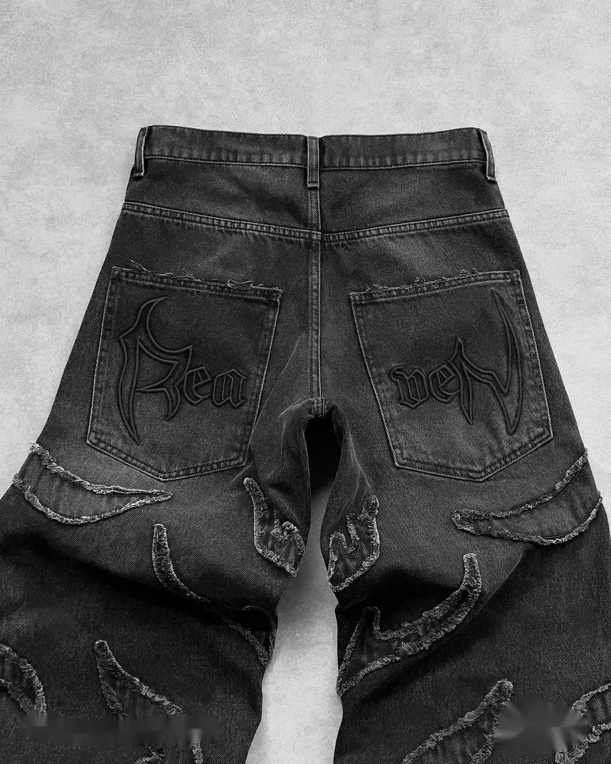 Mens Jeans Y2K Vintage Streetwear Black Wide Leg Denim Pants Ripped Patchwork Raw Hem Distressed Loose Fit Dark Punk Fashion