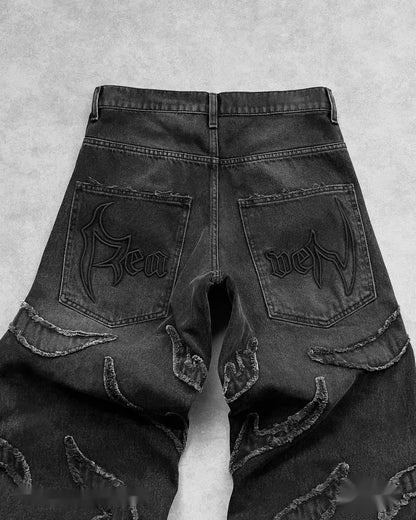 Mens Jeans Y2K Vintage Streetwear Black Wide Leg Denim Pants Ripped Patchwork Raw Hem Distressed Loose Fit Dark Punk Fashion