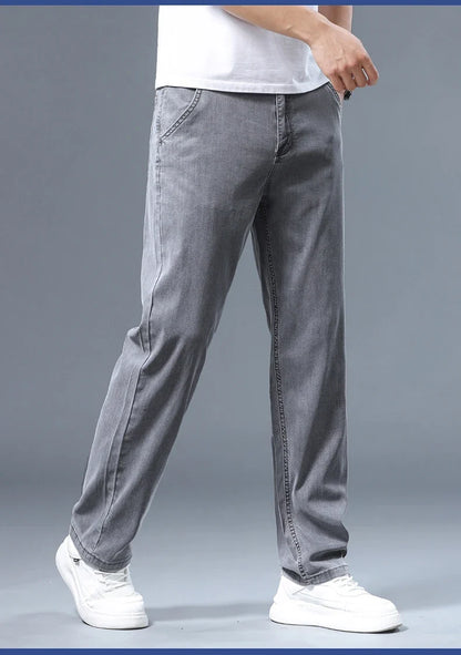 Summer Thin Men's Loose Straight Jeans Lyocell Soft Drape Business Casual Trousers Classic Smoke Gray Brand Ice Silk Pants