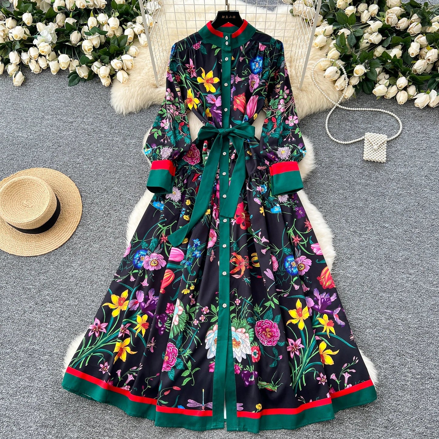 Retro Faion Print Stand Collar Single Button Women's Dr Waist Cinched Floor Length Skirt Korean Sle High Waist Long Sl...