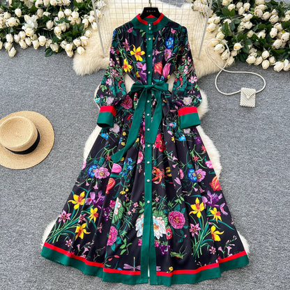 Retro Faion Print Stand Collar Single Button Women's Dr Waist Cinched Floor Length Skirt Korean Sle High Waist Long Sl...