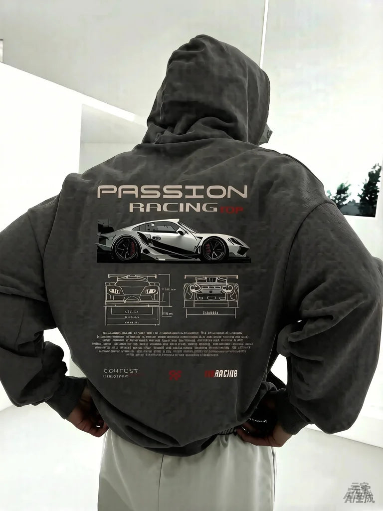 2025 Popular Digital Pattern Men's Hooded Sweatshirt Car-Themed Design American-Style Casual Sports Long-Sleeved Shirt