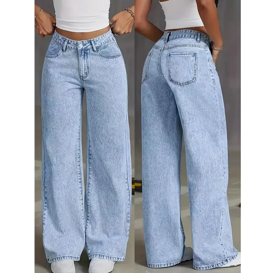 Plus Size Women's Wide Leg Jeans Washed Elastic Casual Loose Fit Ladies Denim Pants Comfortable Stretchy Trousers
