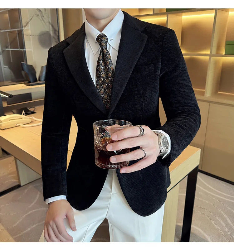 Autumn Winter Fashion Seaweed Pattern Suit Jacket High Quality Luxury Slim Fit Casual Men's Blazers Coats Social Prom Tuxedo
