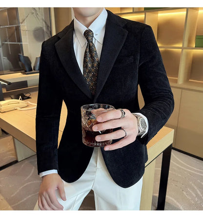 Autumn Winter Fashion Seaweed Pattern Suit Jacket High Quality Luxury Slim Fit Casual Men's Blazers Coats Social Prom Tuxedo