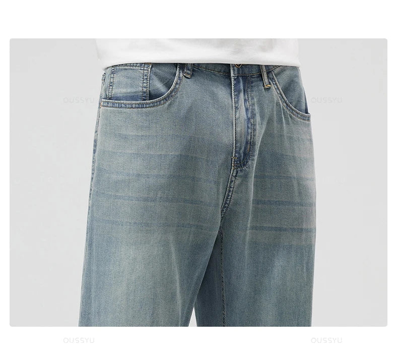 New Summer Thin Soft Lyocell Fabric Men's Jeans Classic Straight Denim Pants Work Wide Leg Casual Trousers Male Big Size 40 42