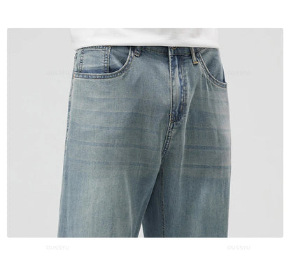 New Summer Thin Soft Lyocell Fabric Men's Jeans Classic Straight Denim Pants Work Wide Leg Casual Trousers Male Big Size 40 42