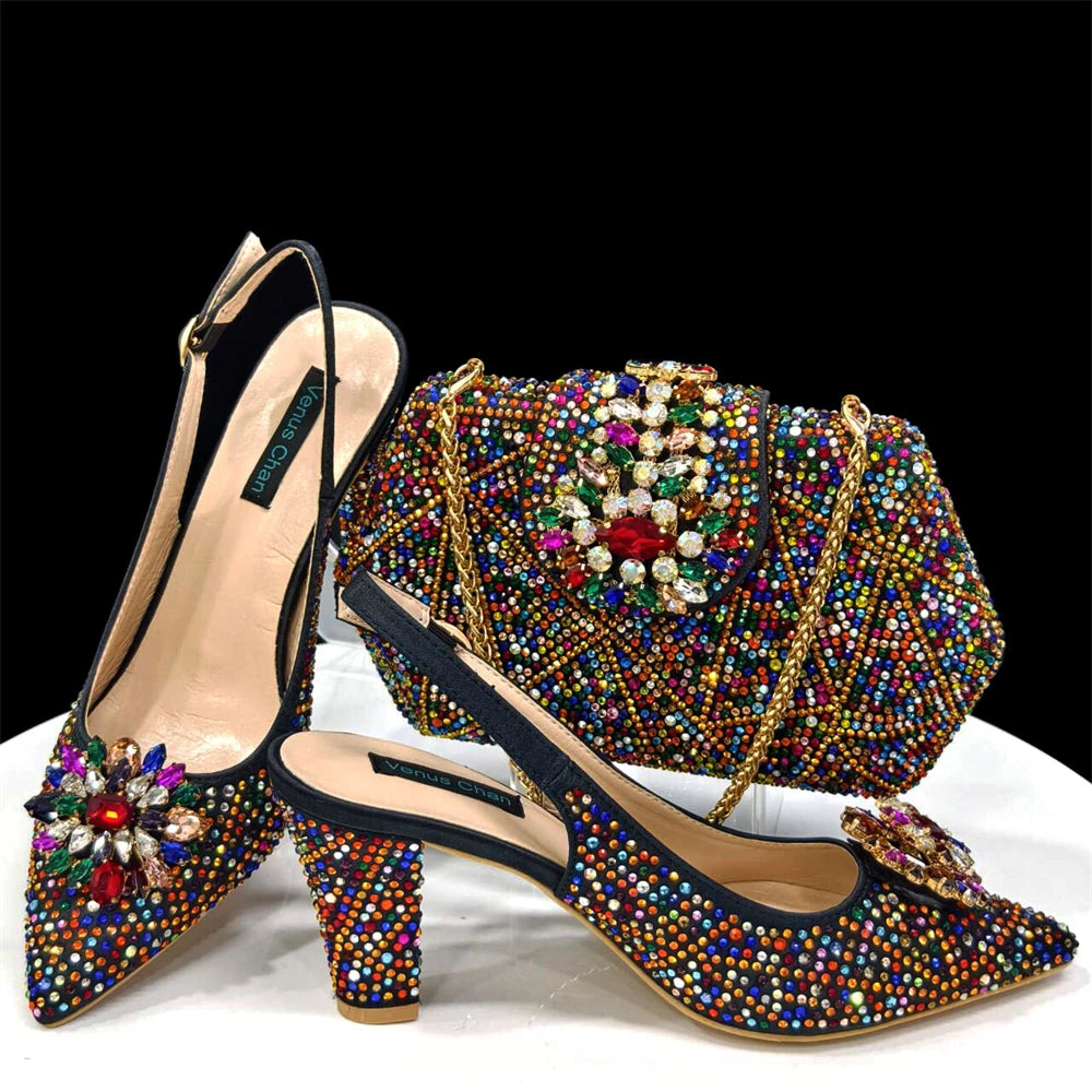 Elegant Woman Heel Shoes INS Style Pointed-Toe Rhinestone Pumps African Ladies Italian Shoe and Bag Set Designer 2024