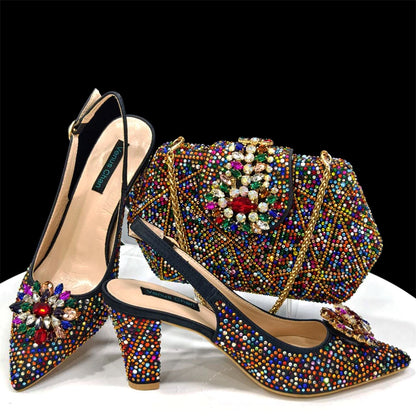 Nigerian Women Heel Party Ladies Italian Design Shoes And Bag Set Decorated with Rhinestone Handbag Wedding Party