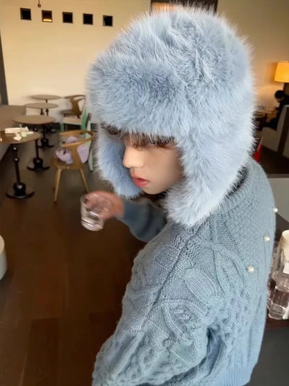 Fluffy Imitation Mink Fur Bomber Hats Men's Autumn and Winter Korean Version Plush Pilot Hat Female Ins Blogger Cycling Cold Hat