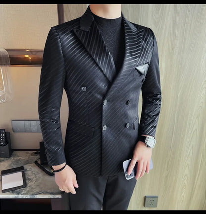 British Style Luxury Men Double Breasted Twill Suit Jacket High Quality Fashion Business Slim Fit Groom Social Party Suit Dress
