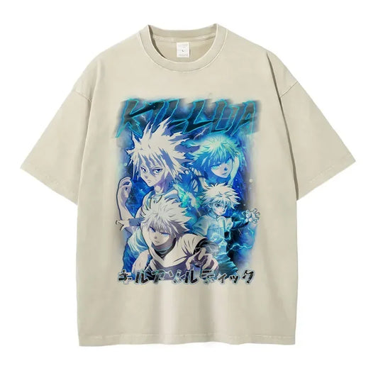 T-shirts Vintage Washed Anime Hunter T Shirt Oversize Manga Killua Zoldyck Gon Hisoka Chrollo Tops Tees Men 100% Cotton