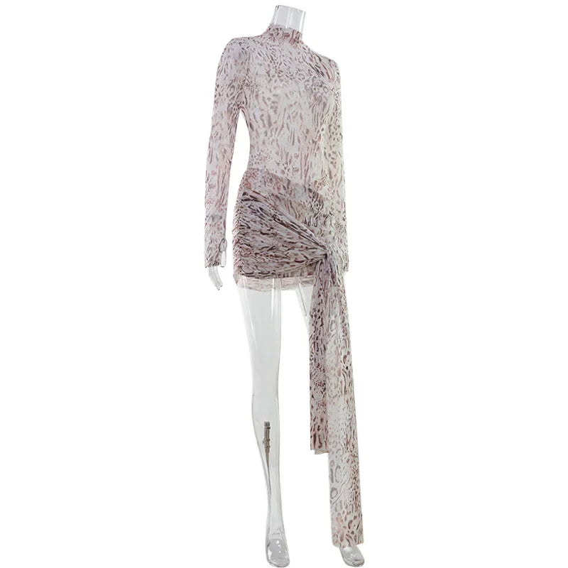 Sexy Sheer Women'Mini Dresses Turtleneck Print Regular Long Sleeves Ribbon Sheath Bodycon Casual Streetwear Female Robe