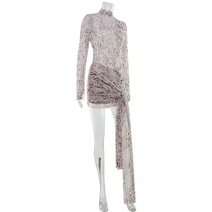 Sexy Sheer Women'Mini Dresses Turtleneck Print Regular Long Sleeves Ribbon Sheath Bodycon Casual Streetwear Female Robe