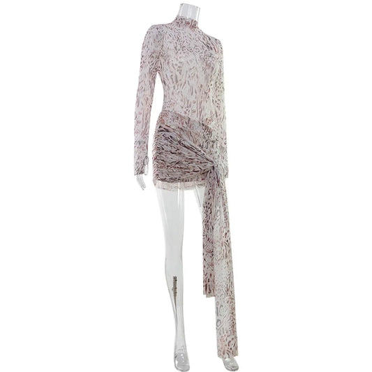 Sexy Sheer Women'Mini Dresses Turtleneck Print Regular Long Sleeves Ribbon Sheath Bodycon Casual Streetwear Female Robe