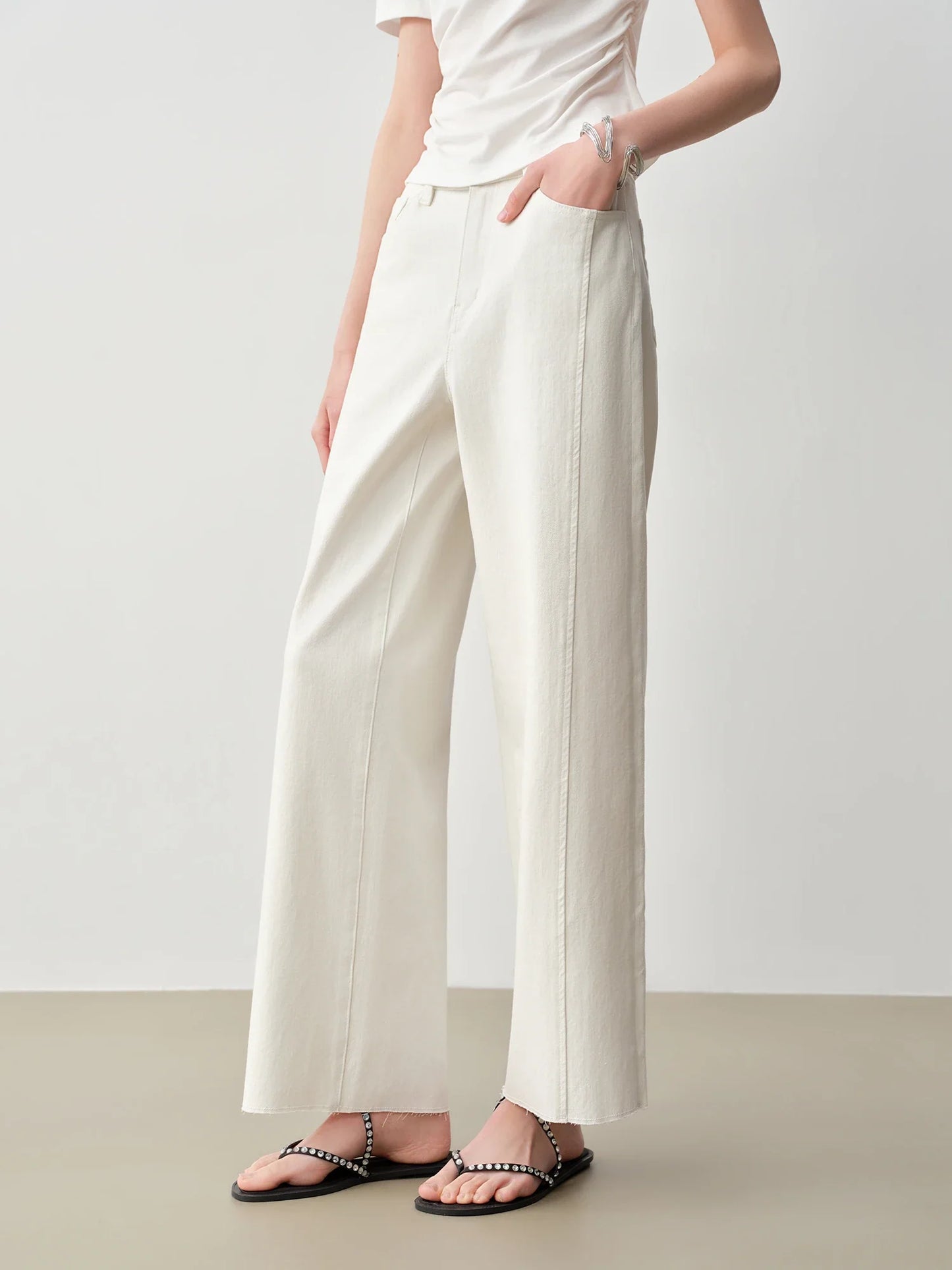 Patchwork Design Straight Ankle-length Jeans Frayed Edges Women's Spring 2026 New Arrivals Commuting Basics