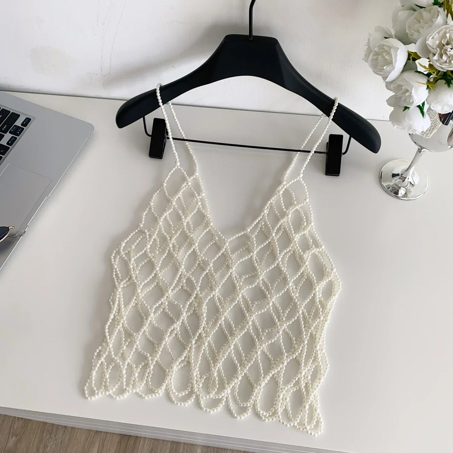 Strap Pearl Camisole Female V Neck Sleeveless Match Sweater Outside Top Fashion High Quality Hollow Out Loose Tank Top