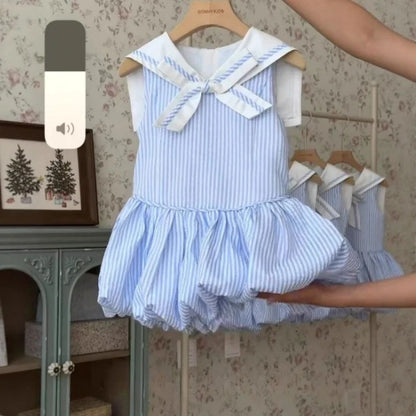 Summer Blue Striped Printed Princess Dress Sleeveless Collar Splicing Girls Dresses Korean Version Kids Casual Wear