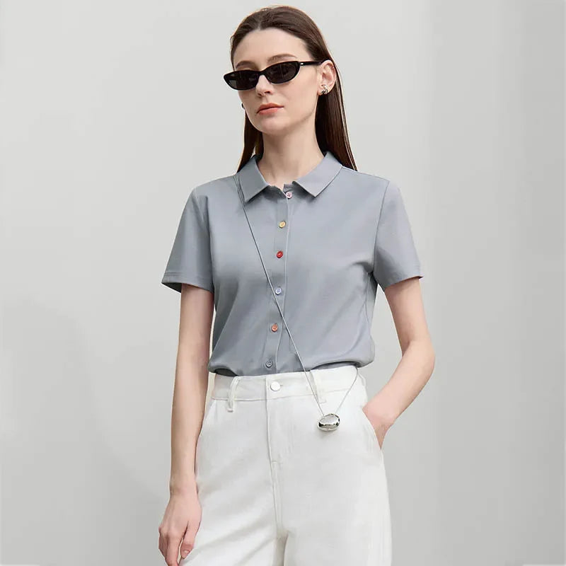 Women's T-Shirt 2026 Summer Lapel Collar Casual Short Sleeve Tee Color Block Button Slim Versatile T Shirts Woman 12652001