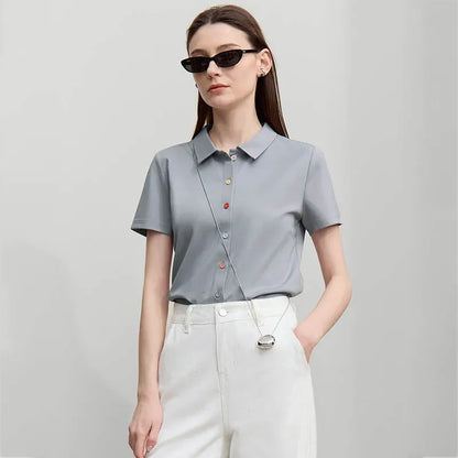 Women's T-Shirt 2026 Summer Lapel Collar Casual Short Sleeve Tee Color Block Button Slim Versatile T Shirts Woman 12652001