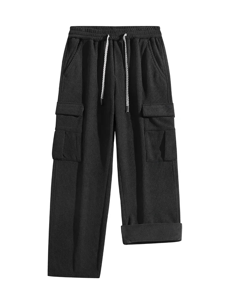 2026 New in Winter Corduroy Pants Men Straight Wide Leg Cargo Trouser Male Elastic Waist Loose Fit Thick Brown Warm Fleece Plush