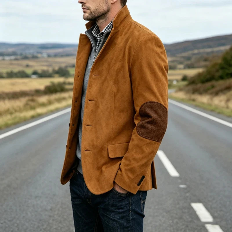 Vintage Men's Suede Blazer Notch Lapel Elbow Patches Slim Fit Jacket Business Casual Men Fashion Outerwear for Spring Autumn