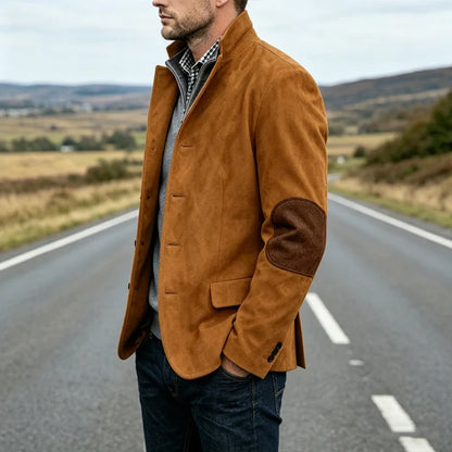 Vintage Men's Suede Blazer Notch Lapel Elbow Patches Slim Fit Jacket Business Casual Men Fashion Outerwear for Spring Autumn