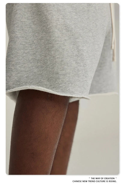 New Summer Men Retro Washed Shorts Unisex Drawstring Loose Edge 420gsm Solid Knee Length Cotton Pants Streetwears HY0589