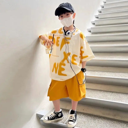 Printed Short Sleeve Children's Boy's Clothing Summer Suit Set Tees Tracksuit T-shirts Boy´s Elementary Student Men's Clothes