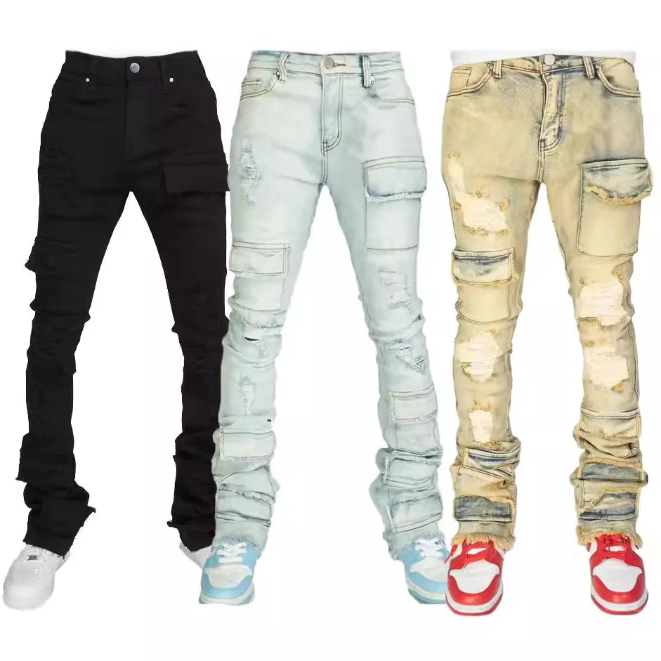 Men Jeans Long Pant Denim Flare Pants Hole Straight Trousers Slim Fit High Waist Casual Button Pocket Splice Autumn Winter