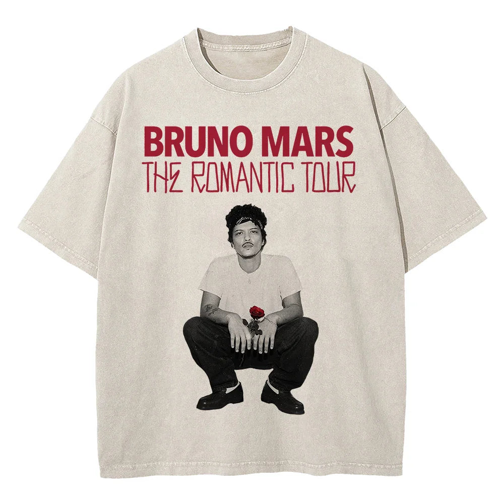 100% Cotton Vintage Washed Bruno Mars The Romantic Tour 2026 T Shirt Fashion Men/Women Retro Oversized Loose Acid Wash Tee Shirt