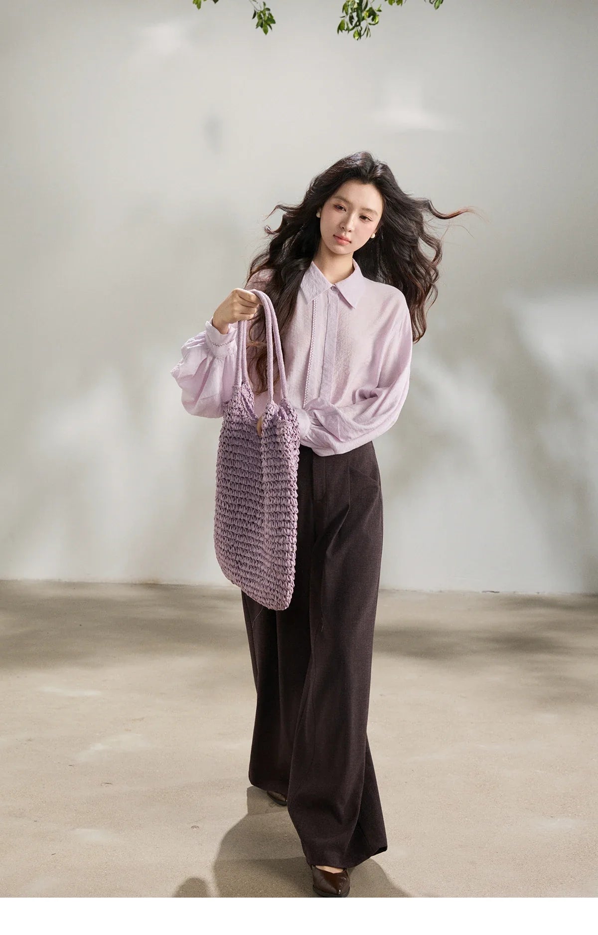 Women's Lapel Lantern Sleeve Shirts 2026 Spring Lace Trim Casual Loose Breathable Solid Shirt Office Lady MXF13C2436