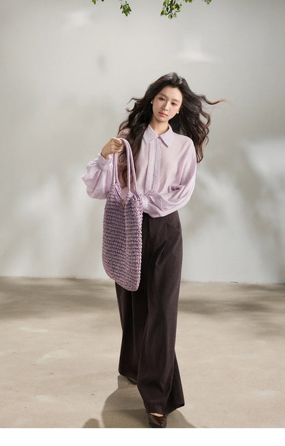 Women's Lapel Lantern Sleeve Shirts 2026 Spring Lace Trim Casual Loose Breathable Solid Shirt Office Lady MXF13C2436