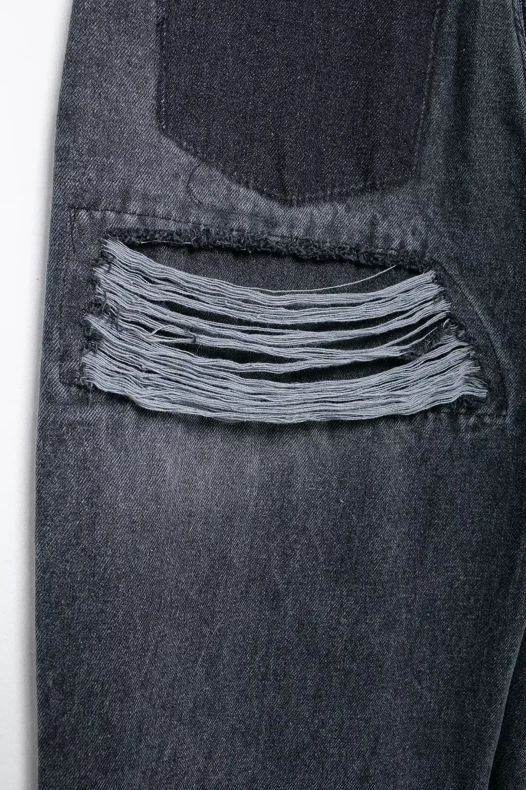 2024 Women's Street Fashion Denim Blue Jeans Distressed Patchwork High Waist Zipper Fly Ripped Retro Long Pants