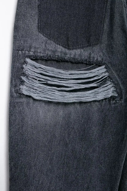 2024 Women's Street Fashion Denim Blue Jeans Distressed Patchwork High Waist Zipper Fly Ripped Retro Long Pants