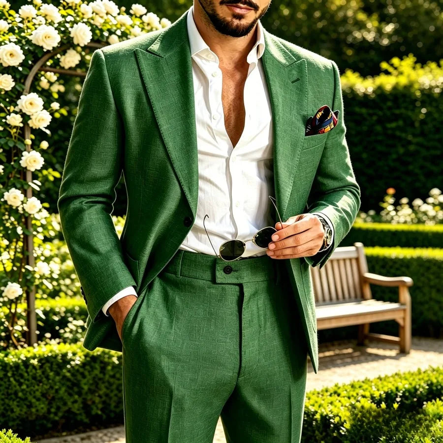 Sage Green Linen Men Suit 2 Piece Set Beach Wedding Lightweight Summer Casual Groom Suits Outdoor Mens Fashion Suit 2026