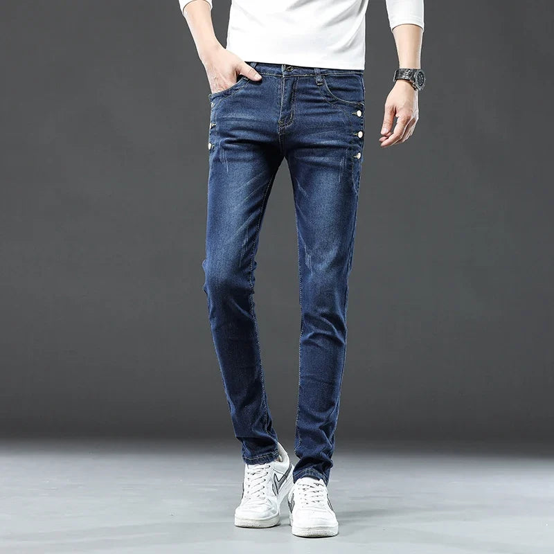 New Men Slim Korean Button Jeans Black Skinny Solid Color Stretch Multi-button Youth Male Denim Pants Streetwear