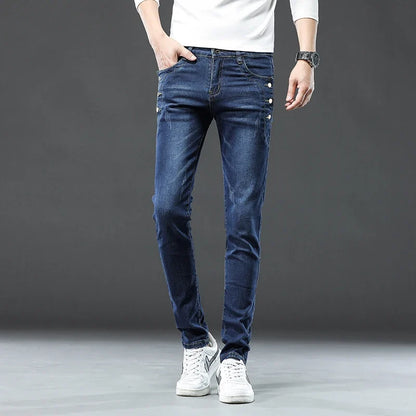 New Men Slim Korean Button Jeans Black Skinny Solid Color Stretch Multi-button Youth Male Denim Pants Streetwear