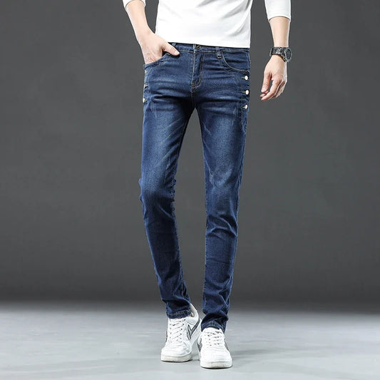 New Men Slim Korean Button Jeans Black Skinny Solid Color Stretch Multi-button Youth Male Denim Pants Streetwear