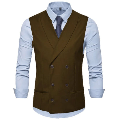 Men Vest Black Solid With Lapel Double Button Waistcoat For Regular Slim Wedding Banquet Business Work Men Suit Vest