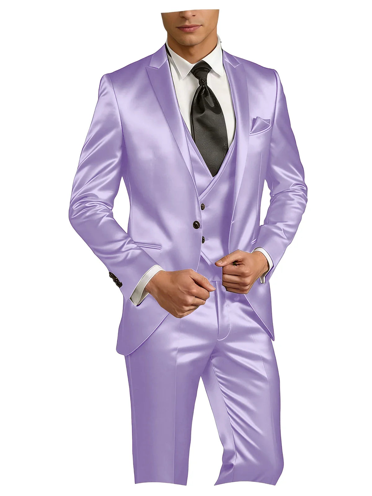 Luxury Men's Satin Suit 3 Piece Set Notch Lapel Slim Fit 1 Button Blazer Vest Pants for Formal Groom Groomsmen Prom Party