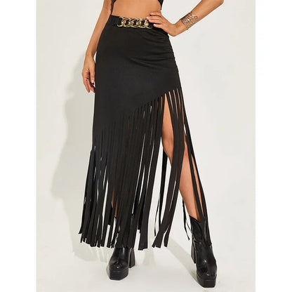 Tassel Punk Style Sexy Women Maxi Skirts Mall Gothic Grunge High Waist Long Skirt with Ring Belt Black Club Streetwear