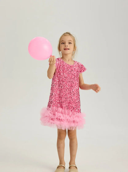 Sequin Girls Dress Kids Fluffy Birthday Formal Prom Dresses Evening Gown for Summer Princess Girls Costumes