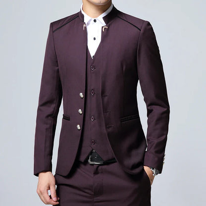 Black Stand Collar Men's 3-Piece, Wedding Party Blazer Jacket and Vest with Pants, Blue Asian Size Slim Fit Sets.