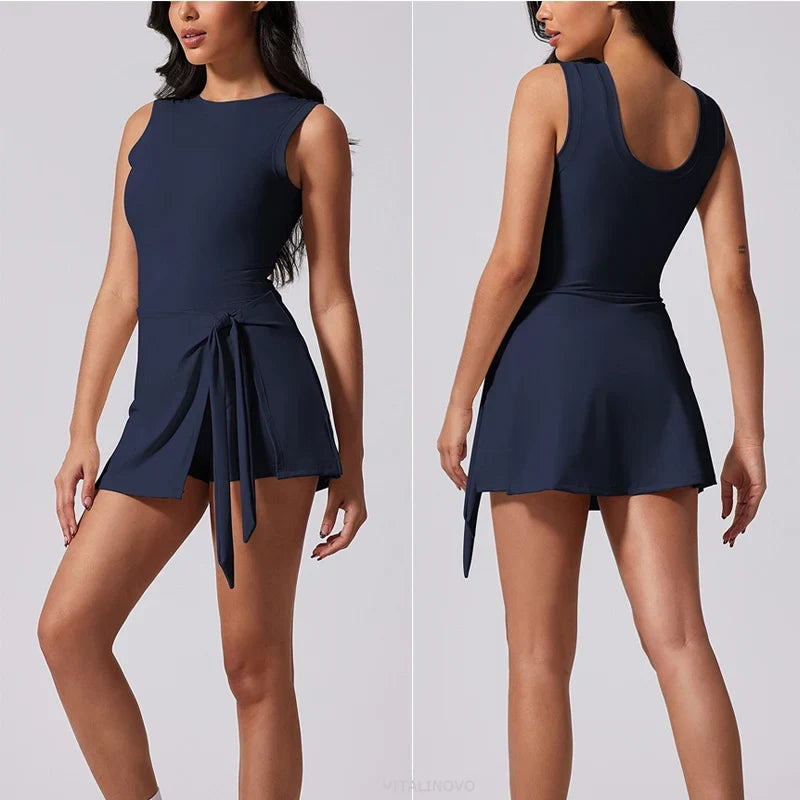 Boat Neck Tennis Dress Golf Dress for Women with Buit-in Short Sleeveless Backless Sarong Wrap Active Dress Workout Romper Dress
