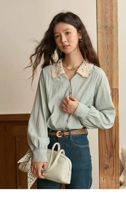Women's Linen Shirt 2025 Autumn Contrast Apricot Lapel Shirts Long Sleeve Curved Placket Tops Office Lady MXE43C2387