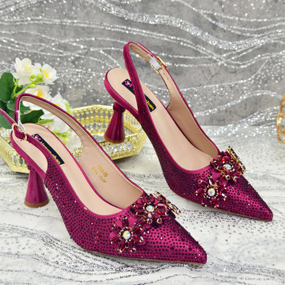 Olive-Green Pointed-Toe Women's High Heels Shoes and Bags for Party Rhinestone Evening Elegant Luxury Handbag