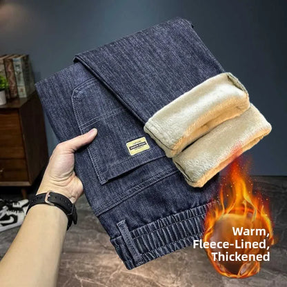 Warm Fleece Lined Elastic Waist Casual Straight Leg Men's Jeans Premium Quality Autumn Winter Thickened Stretch Denim Pants